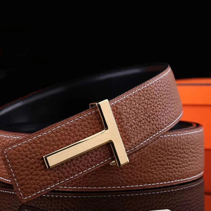 LOR MALE New Men's Luxury Belt High Quality Famous Brand Waistband T Buckle Belt Leather Strap Male Office Business Casual Jeans 3.8cm