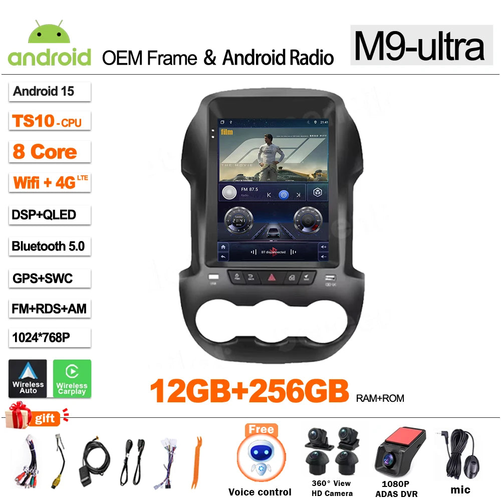LOR MALE For Ford Ranger 2012 2013-2015 9.7 Inch Android 16 Car Stereo GPS Navi CarPlay Canbus DSP QLED Touch Screen 2 DIN 8Core SWC BT
