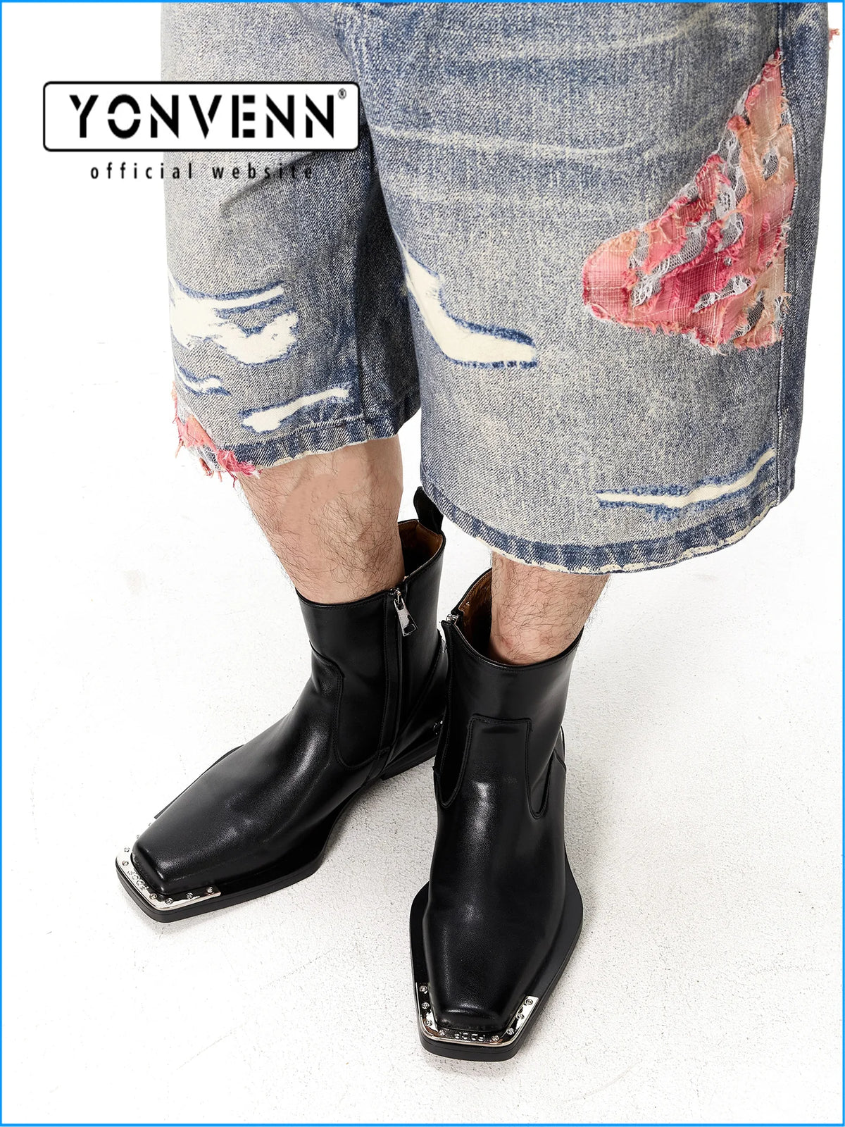 LOR MALE Iron toed boots men's handmade genuine leather Chelsea zipper style irregular large sole square toe boots versatile short boots