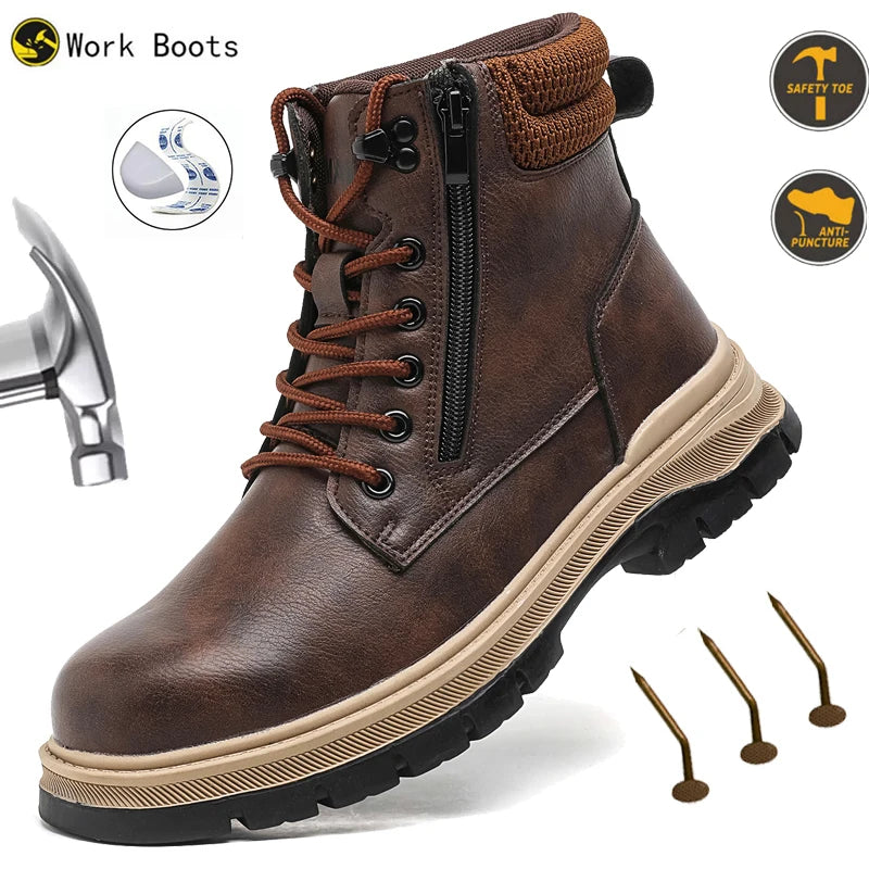 LOR MALE Safety Boots Brown Waterproof Men's Steel Toe Shoes Work Anti-drop Anti-piercing Strong Durable Protective Shoes Indestructible