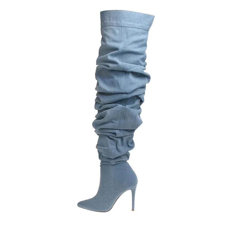 LOR MALE Over The Knee Boots Sexy Pleated Denim Cloth Boots New Solid Color Slip-On Pointy Versatile Patchwork High-heeled Fashion Boots