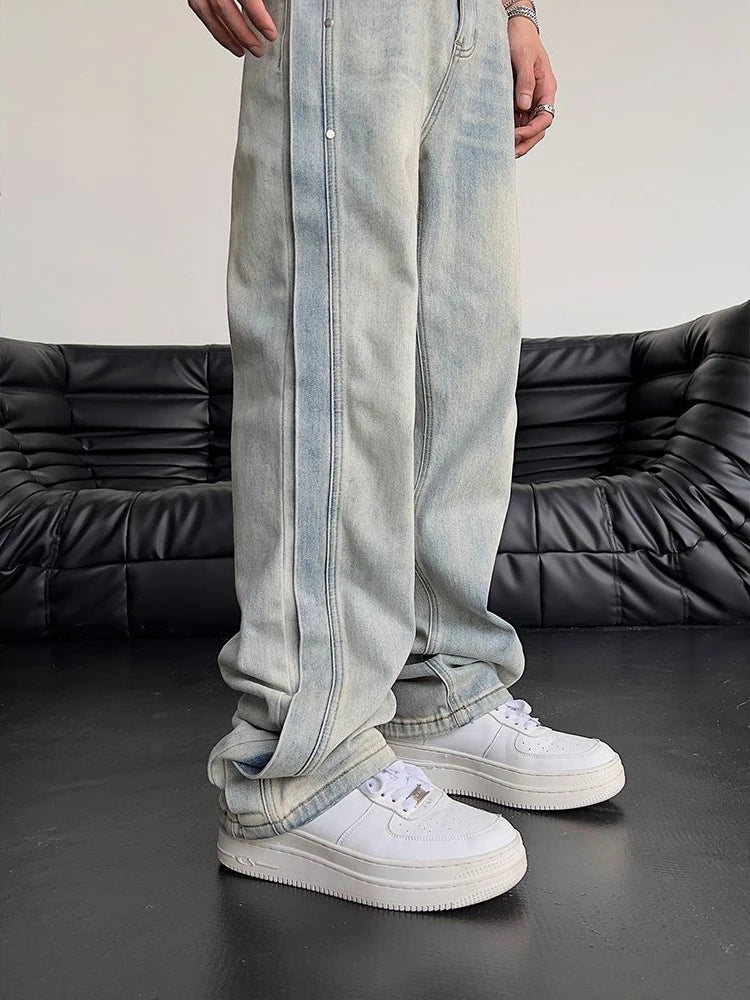 LOR MALE Jeans for Men Loose Light Blue Baggy Straight Man Cowboy Pants Punk Spliced Y2k Vintage Trousers 2025 Korean Autumn Trend Cotton