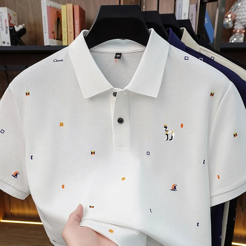 LOR MALE High Quality Man Summer Short-Sleeved Polo Shirt Lapel Button Multi-pattern Puppy Embroidery Ventilate Business Casual Men'sWear