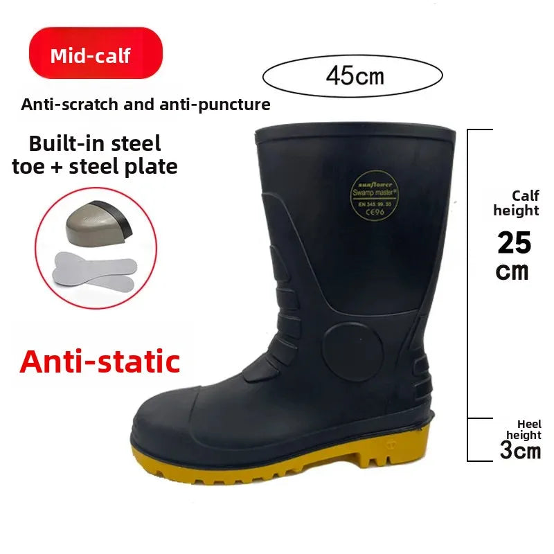 LOR MALE Leer Steel Toe Anti-Static Oil Resistant Chemical Proof Safety Boots Chemical Factory Gas Station Rain Boots Waterproof Shoes