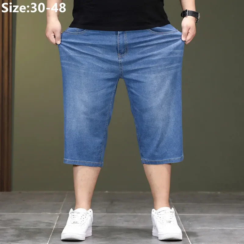LOR MALE Loose Large Size Jeans Long Shorts for Men High Waist Plus 40 42 44 48 Summer Denim Knee Length Cropped Male Dad Capri Trousers