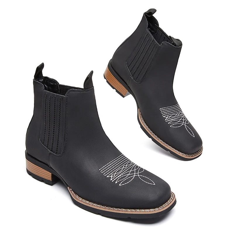 LOR MALE Men's Wide Toe Cowboy Boots Slip On Western Style Outdoor Boots Durable Comfor Leather Ankle Boots Fashion Retro Shoes for Men