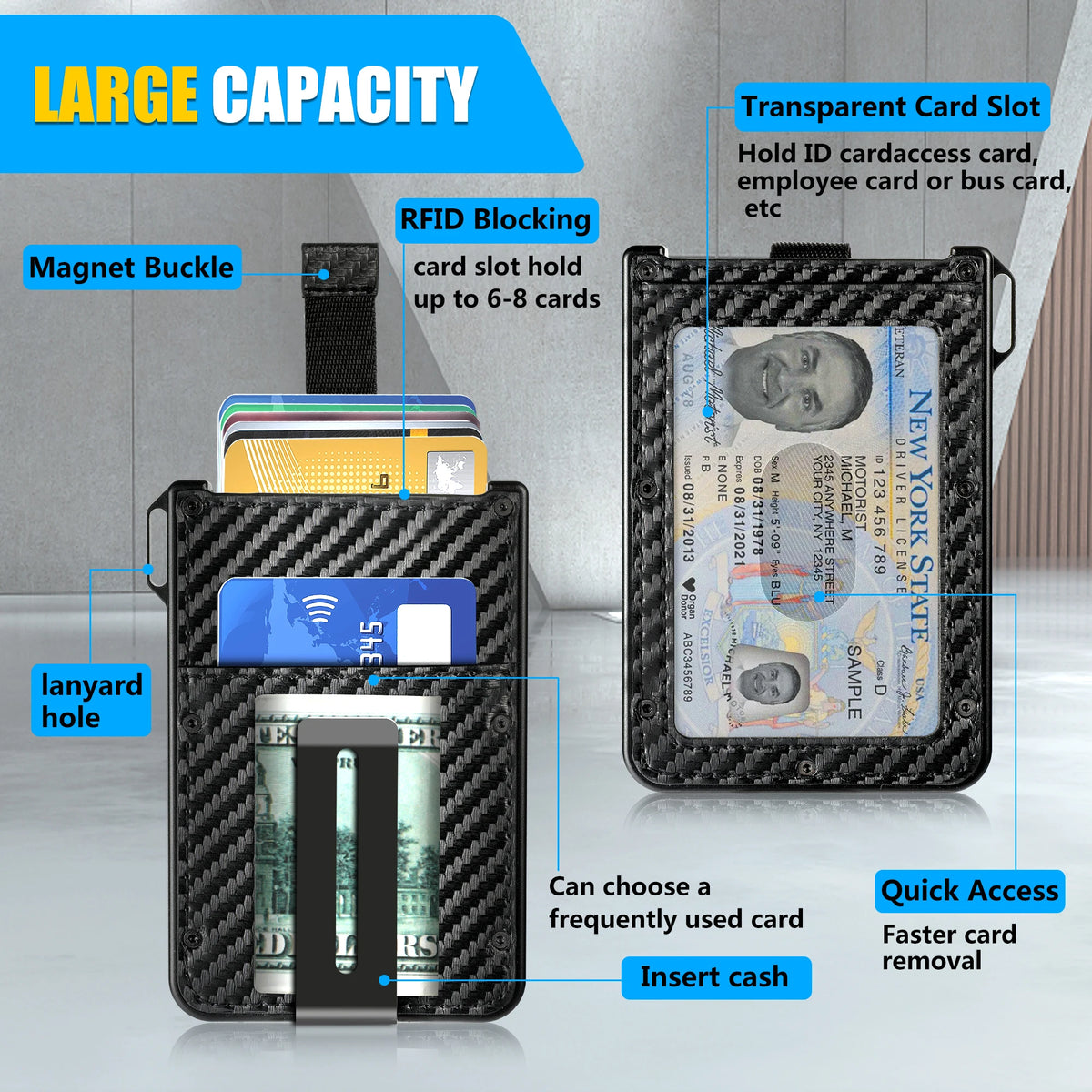 LOR MALE Wallet For Men - Aluminum Slim Carbon Fiber Leather Wallet，Holds up 10 Cards Card Holder with Clear ID Card Holder, Cash Clip