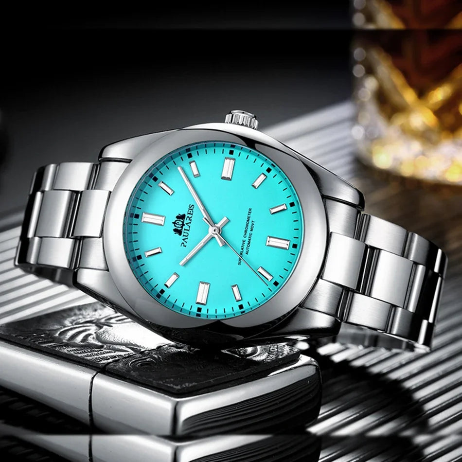 LOR MALE Automatic Watches Mechanical Self Wind Stainless Steel Luxury Red Yellow Blue