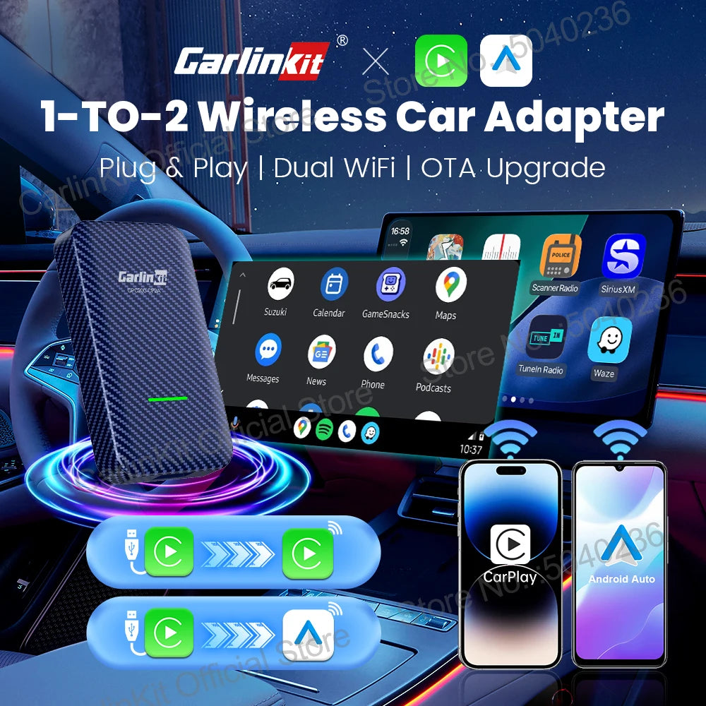 LOR MALE CarlinKit 4.0 2-In-1 Wireless Adapter Wireless Android Auto CarPlay 1 To 2 Smart Car Box Plug &Play OTA Upgrade For CarPlay Cars