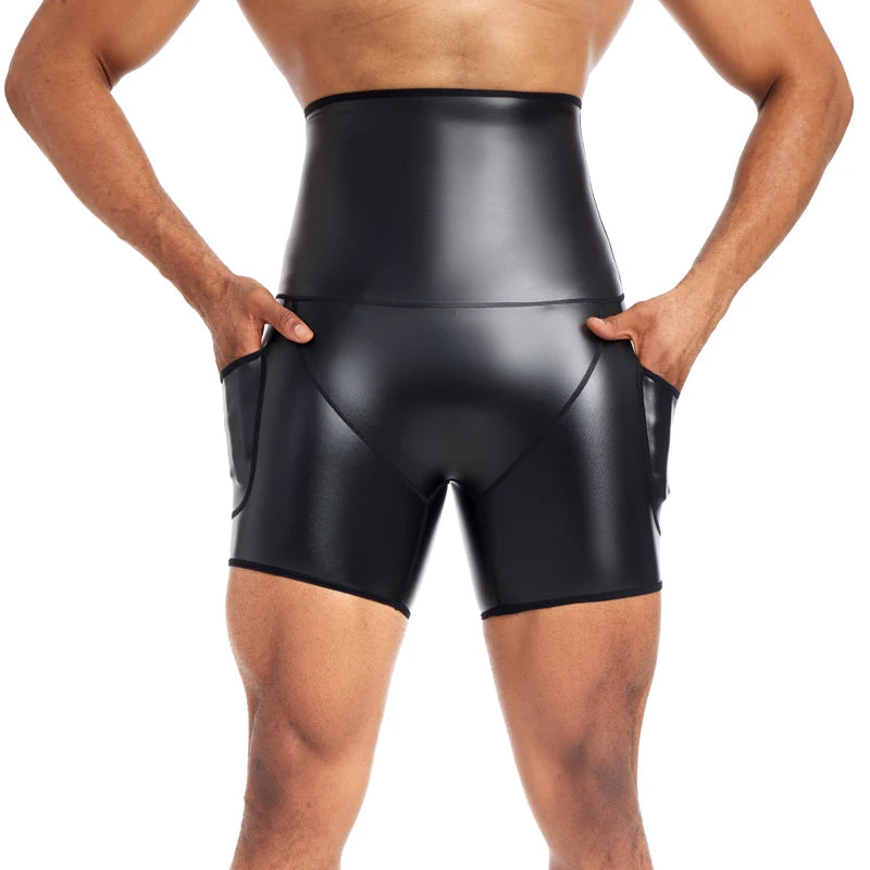 LOR MALE Men Paty Short Pants Men`s New Running Shorts High-waisted Stretch Leather Pants GYM Sport Shorts Fitness Jogging Workout Shorts