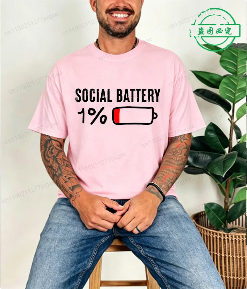 LOR MALE T-shirt for Men Social Battery 1 Percent Funny Introvert T Shirt Men Tops Casual Clothing Oversize Vintage Clothes Trend Tshirt