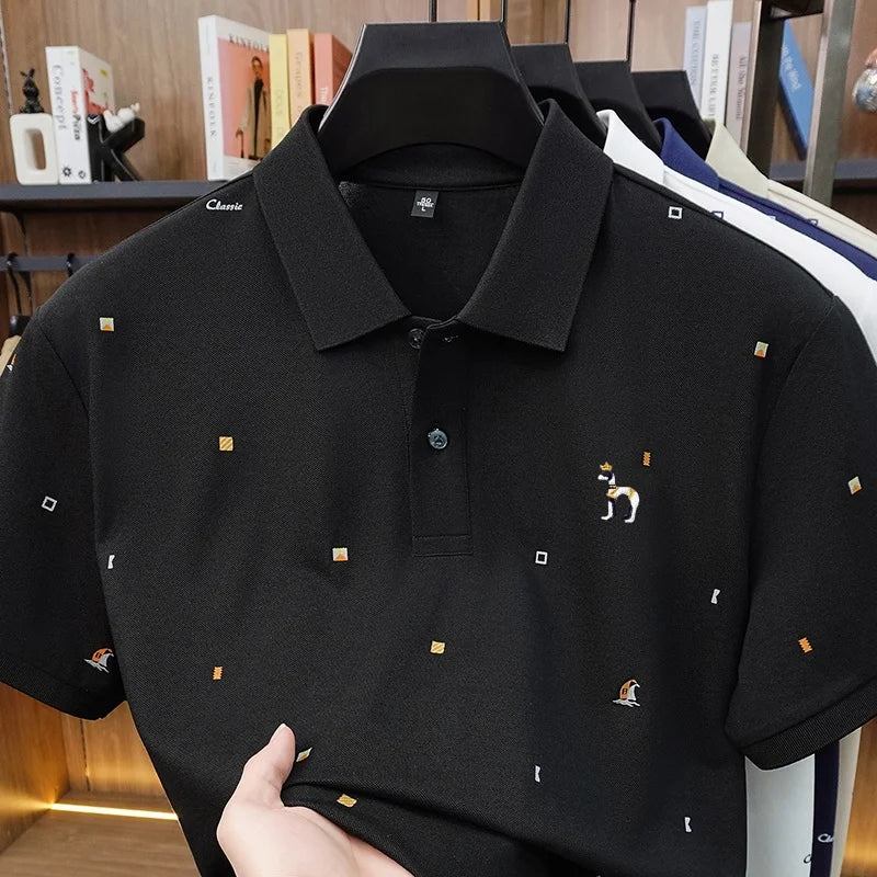 LOR MALE High Quality Man Summer Short-Sleeved Polo Shirt Lapel Button Multi-pattern Puppy Embroidery Ventilate Business Casual Men'sWear