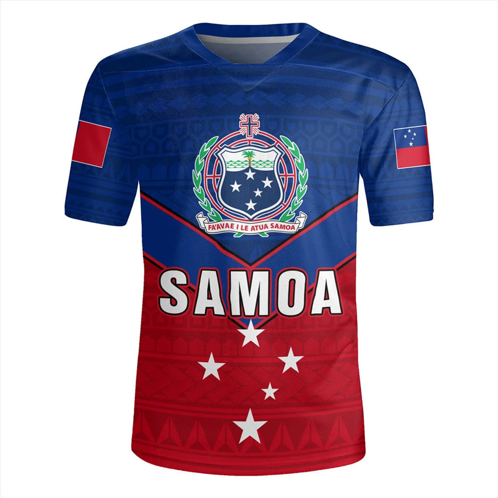 America Samoa Rugby-jersey 3D Printing V Neck T Shirt Samoa Coat Of Arms Emblem Graphic V-Neck T-shirts Mens Clothing Tee Shirts