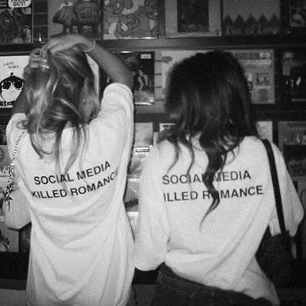 LOR MALE 2026 Social Media Killed Romance T Shirt Men Women Aesthetic Valentine's Print T-Shirt Couple Cotton Tee Summer Tops Clothing