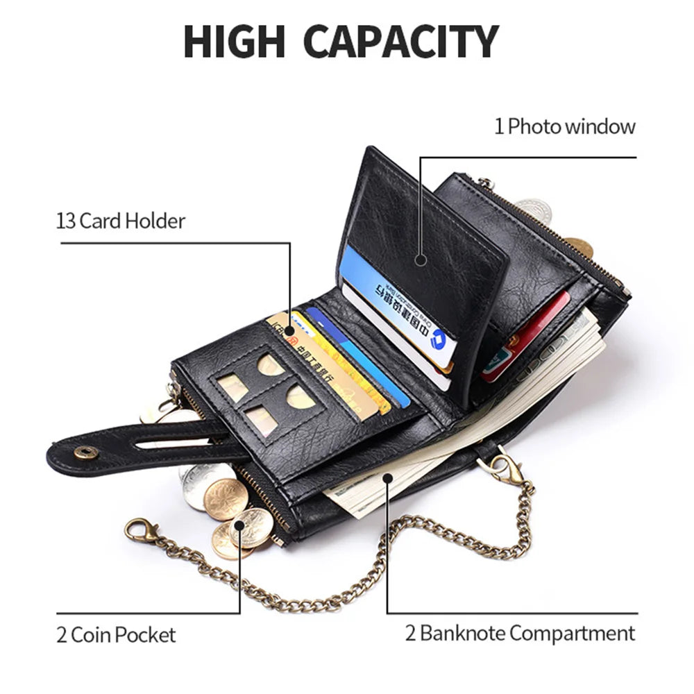 LOR MALE Business Men Wallets Pu Leather Short Card Holder Chain Luxury Brand