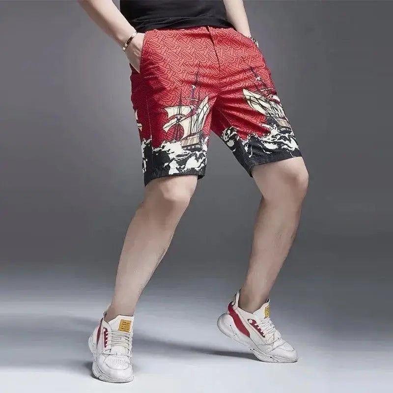 LOR MALE 2026 Summer Trendy Brand Printed Letter Floral Pants Fashionable and Casual 5-point Pants Versatile Men