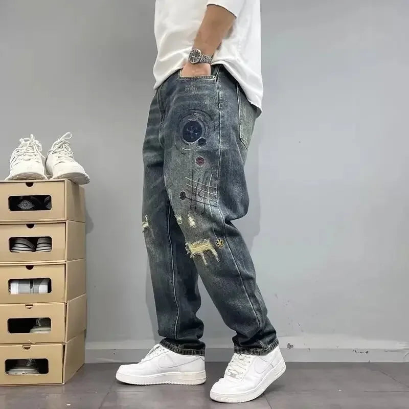 LOR MALE Heavy Duty Washed and Scraped Denim Jeans for Men, Stylish and Stylish, with High-end Embroidered Prints and Loose Tapered Strai