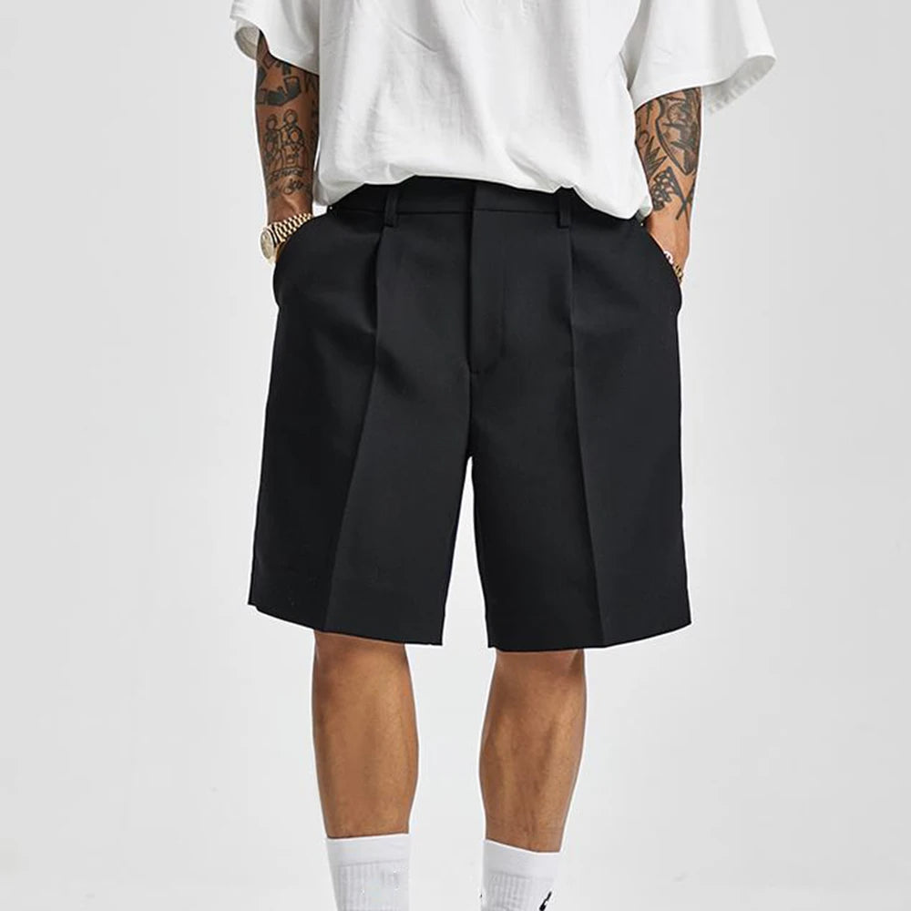 LOR MALE Short Men Straight  Summer Chic Fashion Solid Popular Casual Loose Trend Male Korean Suit Short Knee Length Tousers Streetwear