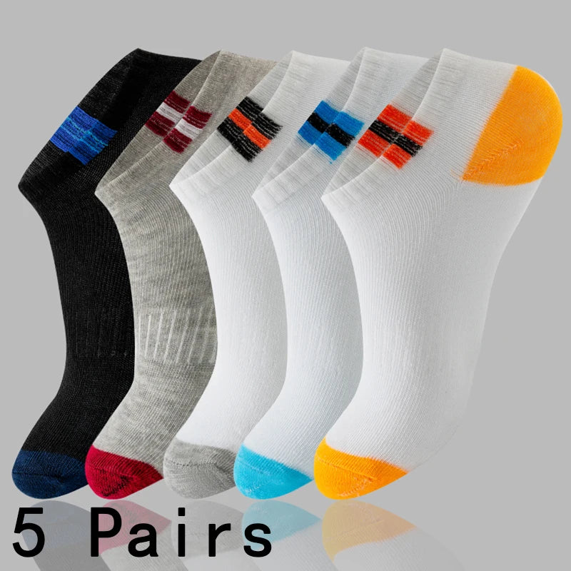 LOR MALE 5pairs Men's Fashion Sports Socks, Striped Cotton Sweat Absorption Breathable Comfortable Ankle Socks
