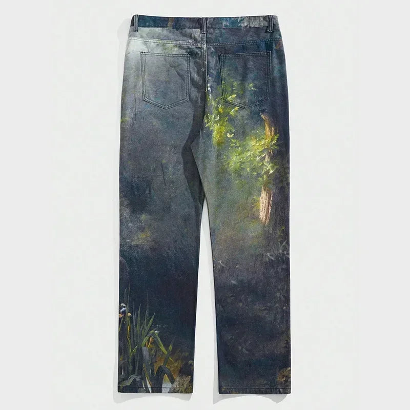 LOR MALE European and American Street Men's Fashionable 3D Digital Pattern Printed, Ink-splashed and Tie-dyed Straight-leg Jeans.