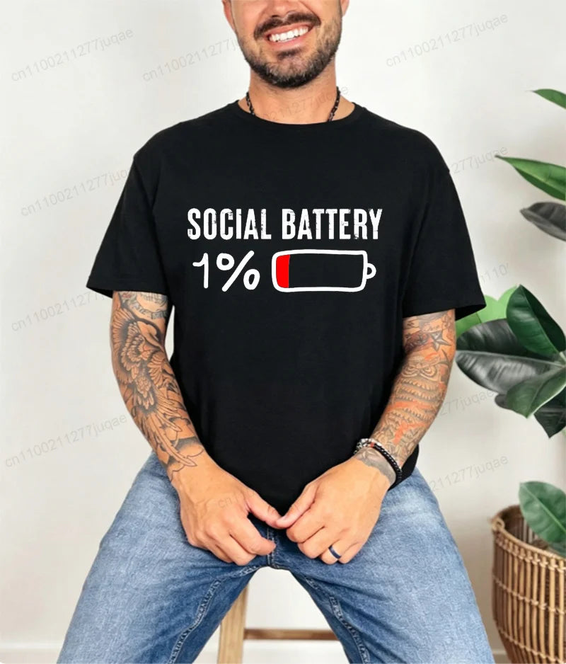 LOR MALE T-shirt for Men Social Battery 1 Percent Funny Introvert T Shirt Men Tops Casual Clothing Oversize Vintage Clothes Trend Tshirt