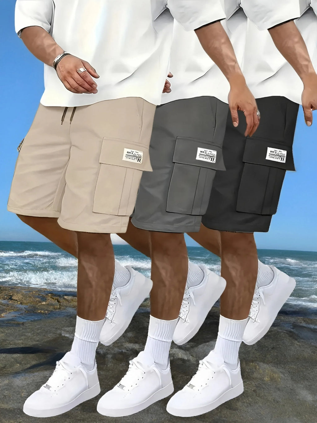 LOR MALE Men's work shorts; summer comfort; multi-pocket; outdoor leisure sport beach pants; elastic waistband