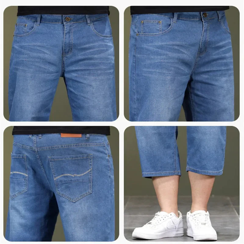 LOR MALE Loose Large Size Jeans Long Shorts for Men High Waist Plus 40 42 44 48 Summer Denim Knee Length Cropped Male Dad Capri Trousers