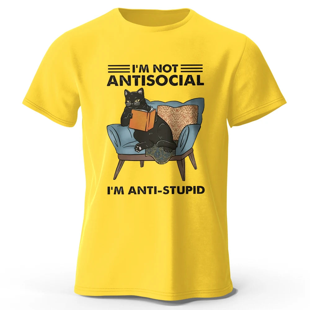 LOR MALE Men's I Am Not Anti Social Printed T-Shirt 100% Cotton Oversized Funny Cat Graphic Tees for Men Women Summer Tops