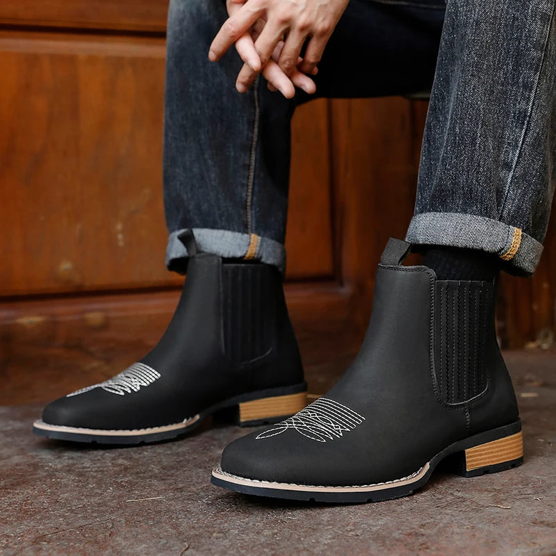 LOR MALE Men's Wide Toe Cowboy Boots Slip On Western Style Outdoor Boots Durable Comfor Leather Ankle Boots Fashion Retro Shoes for Men