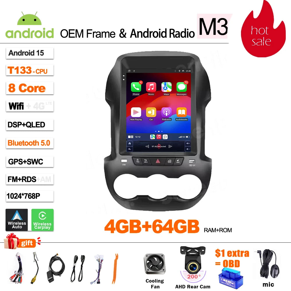 LOR MALE For Ford Ranger 2012 2013-2015 9.7 Inch Android 16 Car Stereo GPS Navi CarPlay Canbus DSP QLED Touch Screen 2 DIN 8Core SWC BT