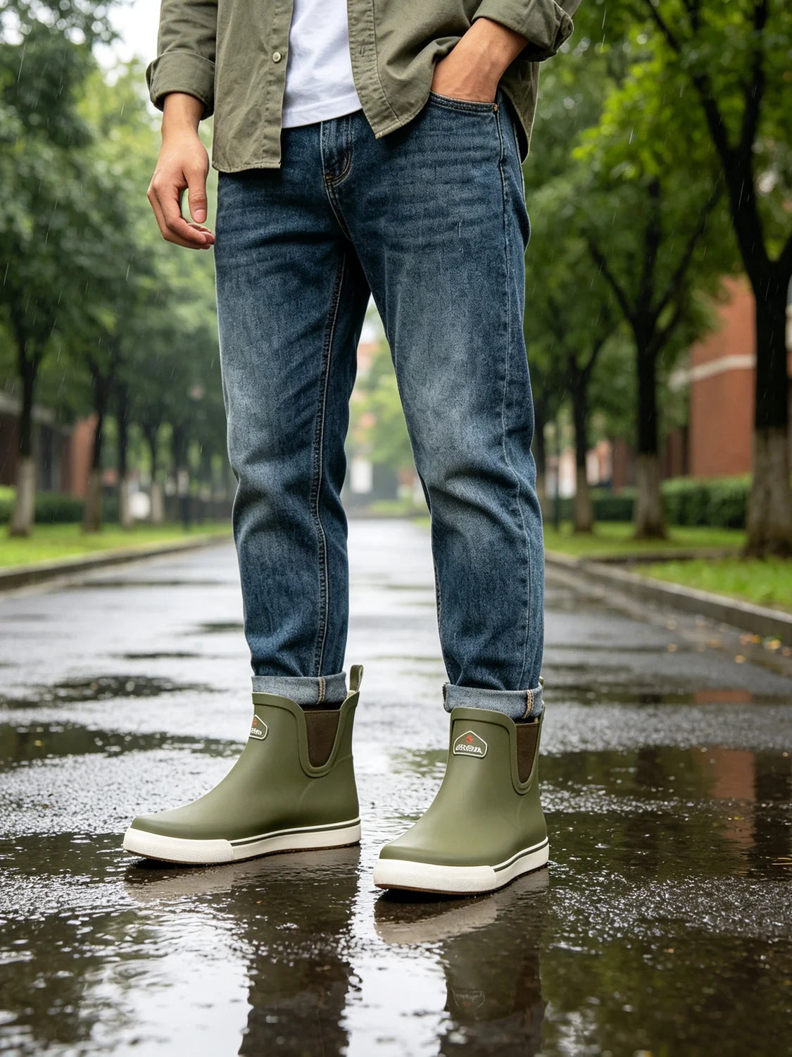 LOR MALE Low-Top Men's Chelsea Boots Waterproof Outdoor Work Rubber Shoes Flat Bottom Short Fishing Boots Deck Boots Rain Boots