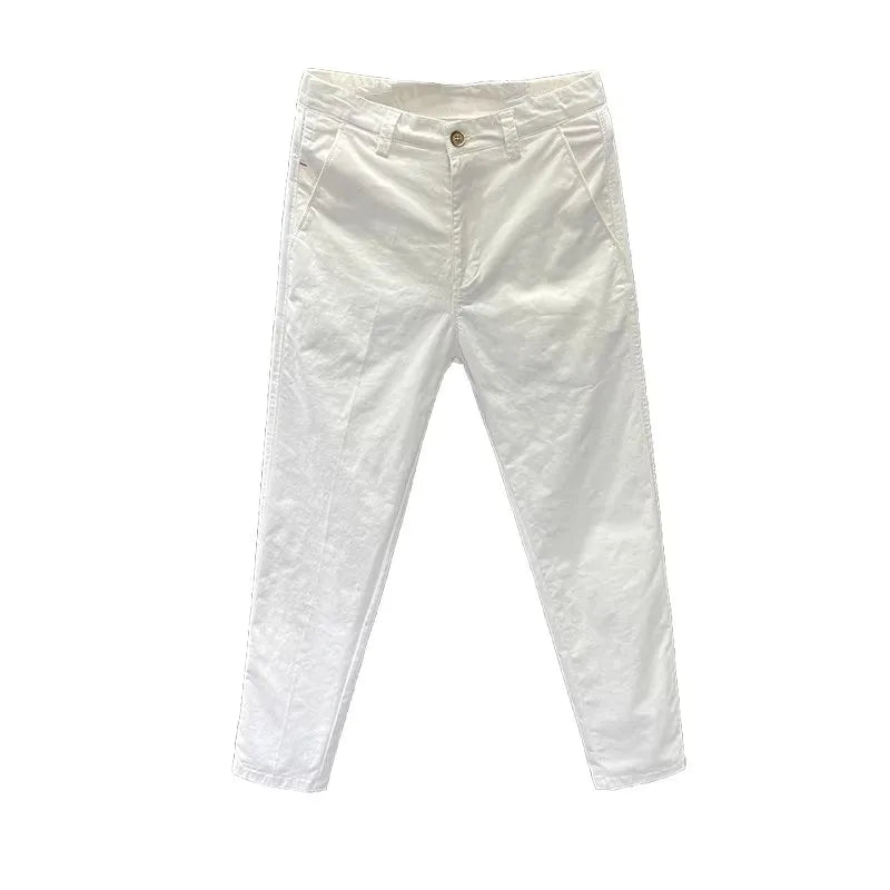 LOR MALE Simple White Casual Pants Men's Summer Trendy Brand Slim Straight Pants Spring Autumn Men's Nine Points Business Cotton Elast...