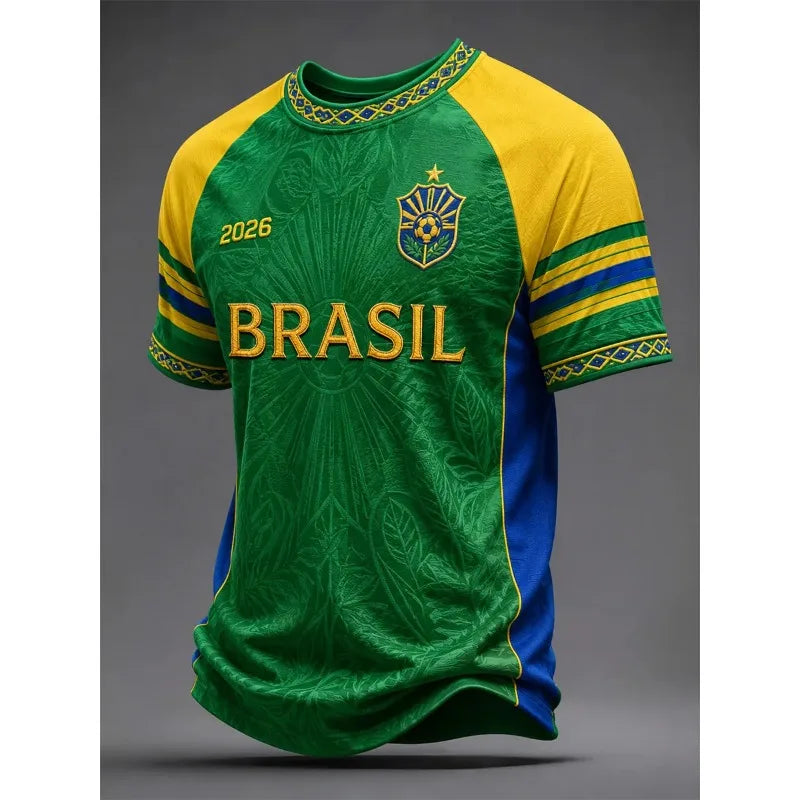 Brazil Men's National Football Team 3D‑Printed Short‑Sleeve Jersey T‑Shirt, Breathable Quick‑Dry, Perfect for Summer Game Wear
