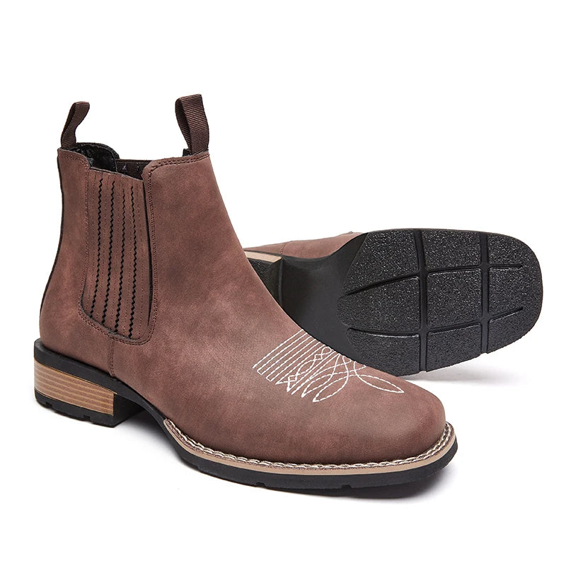 LOR MALE Men's Wide Toe Cowboy Boots Slip On Western Style Outdoor Boots Durable Comfor Leather Ankle Boots Fashion Retro Shoes for Men