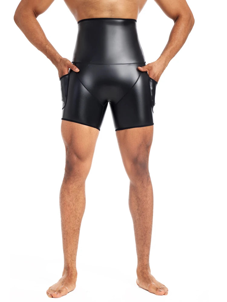 LOR MALE Men Paty Short Pants Men`s New Running Shorts High-waisted Stretch Leather Pants GYM Sport Shorts Fitness Jogging Workout Shorts