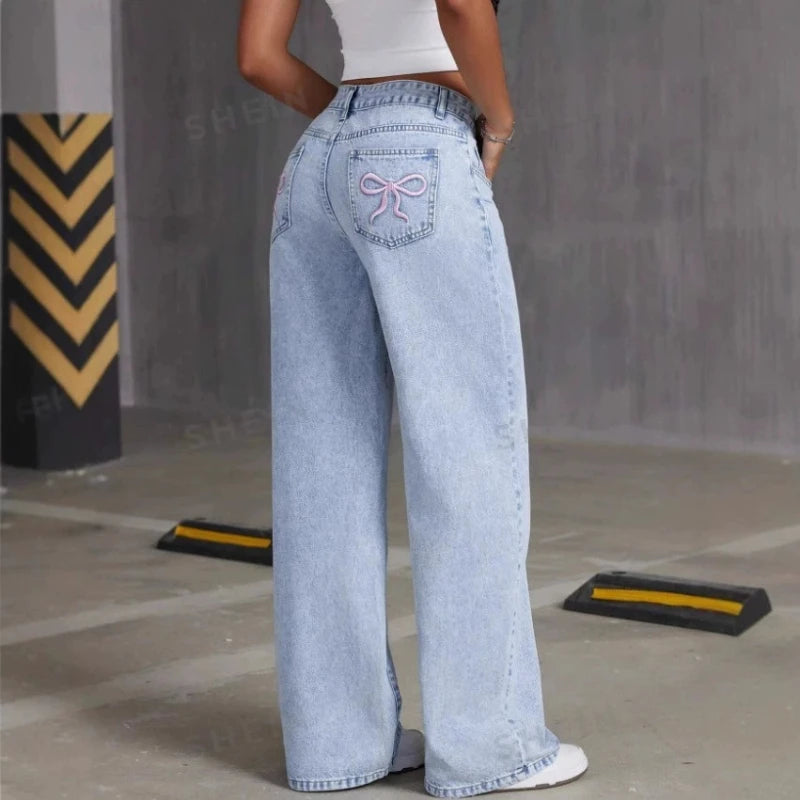 LOR MALE Mens Jeans Vintage Bow Embroidery Washed Denim Pants Harajuku Unisex Loose Fit Straight Leg Streetwear Casual Fashion Trend New