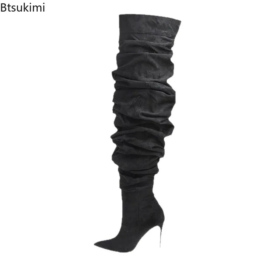 LOR MALE Over The Knee Boots Sexy Pleated Denim Cloth Boots New Solid Color Slip-On Pointy Versatile Patchwork High-heeled Fashion Boots