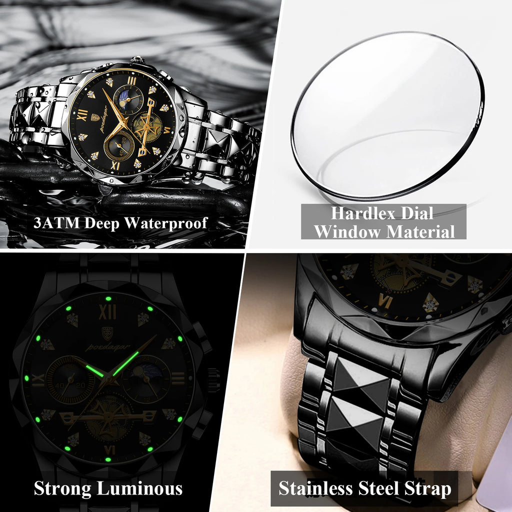 LOR MALE POEDAGAR Top High Quality Man Wristwatch Stainless Steel Chronograph Business Men Watch Waterproof Luminous Quartz Men's Watches
