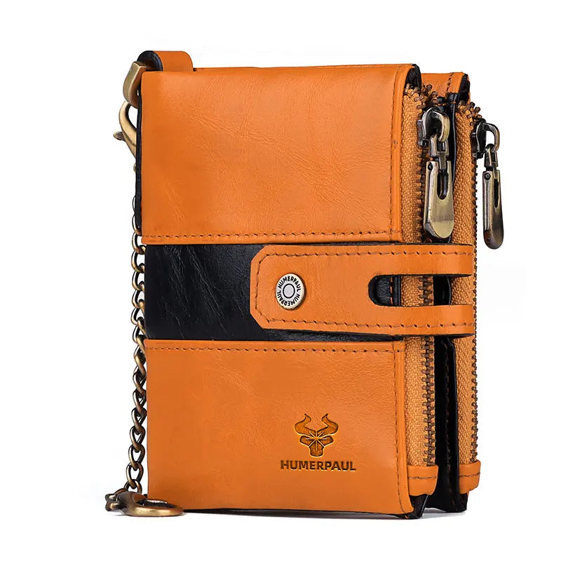 LOR MALE HUMERPAUL Genuine Leather Men's Wallet Fashion Quality Travel Purse Rfid Protect Credit Card Holder Wollst for Men with Chain