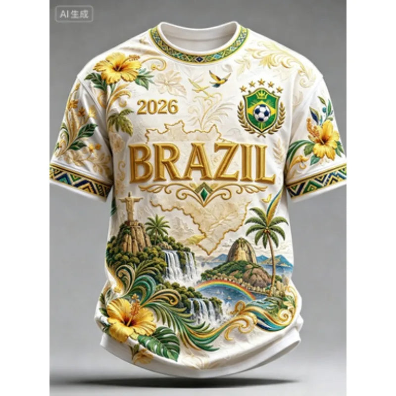 2026 Brazil National Football Team Graphic T-Shirt, Unisex 3D Printed Breathable Quick Dry Short Sleeve Tee