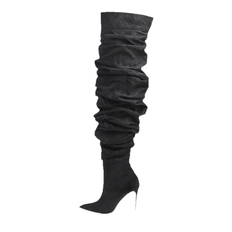 LOR MALE Over The Knee Boots Sexy Pleated Denim Cloth Boots New Solid Color Slip-On Pointy Versatile Patchwork High-heeled Fashion Boots