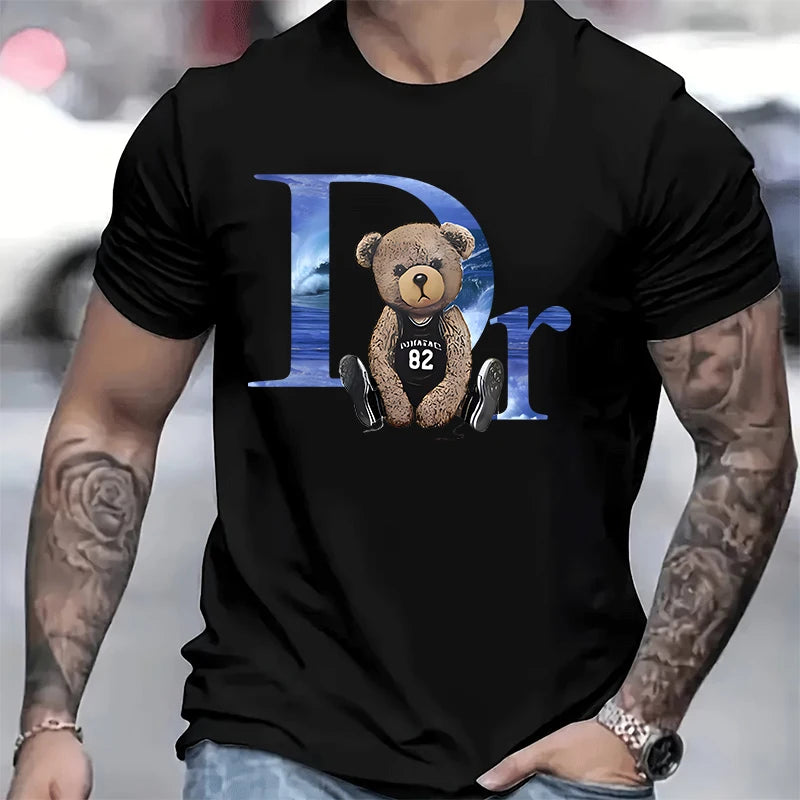 LOR MALE Men's short T-shirt, pure cotton round neck top, loose and comfortable casual T-shirt, suitable for travel and daily use, bear b