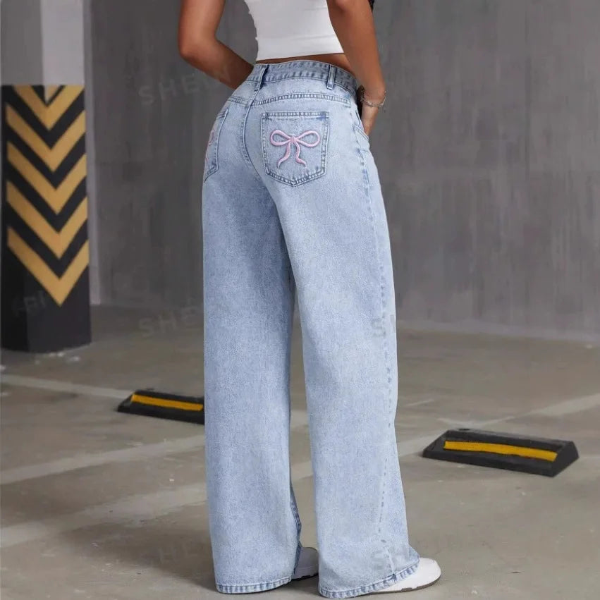 LOR MALE Mens Jeans Vintage Bow Embroidery Washed Denim Pants Harajuku Unisex Loose Fit Straight Leg Streetwear Casual Fashion Trend New
