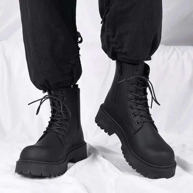 LOR MALE Boots for Men High Quality Casual Leather Boots Fashion Outdoor High Top Booties Black Men's Ankle Boots Fashion Motorcycle Boot