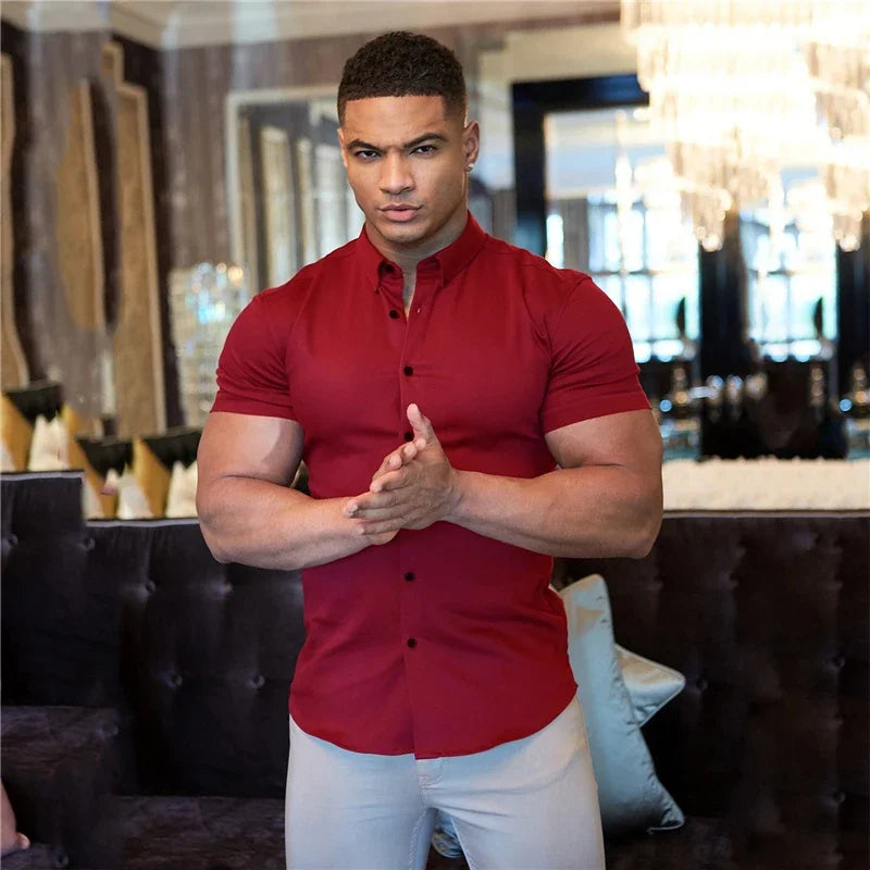 LOR MALE Men's Summer Business Shirt Short Sleeve Turn-down Collar Tuxedo Shirt Fashion Super Slim Fit Male Social Dress Shirt