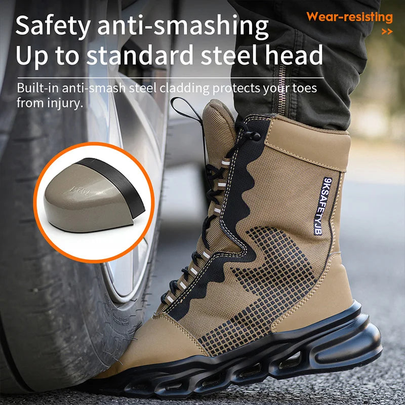 LOR MALE Construction Work Boots Men High Top Steel Toe Safety Shoes Non Slip Puncture Proof Rubber Work Boots Indestructible Combat Boot
