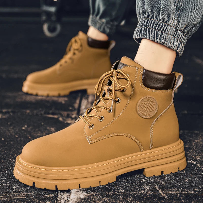 LOR MALE Men's high top boots four season outdoor work shoes anti slip and comfortable yellow boots fashion British casual leather boots