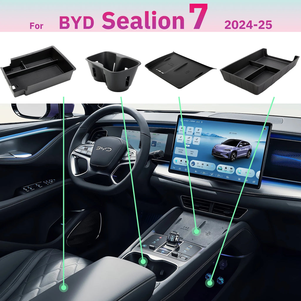 LOR MALE For BYD Sealion 07 2024 2025 Armrest Storage Box Center Console Layered Storage Box Cup Holder Modification Interior Accessories