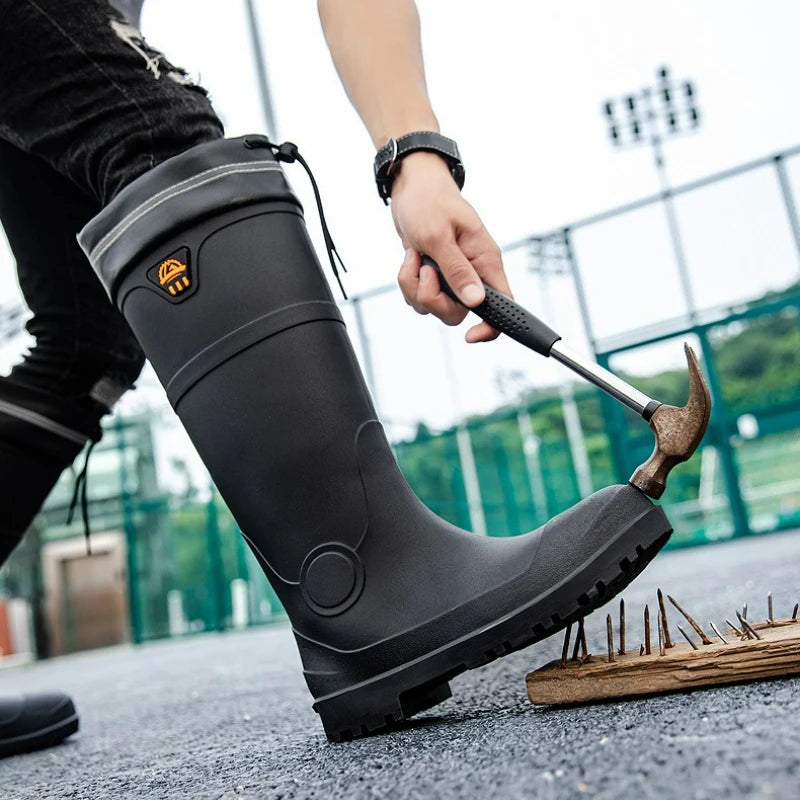 LOR MALE Men Rain Boots Steel Toe Platform Boots Waterproof Non-slip Rain Shoes Anti-smash Anti-stab Work Shoes Slip-On Anti Crush Boots