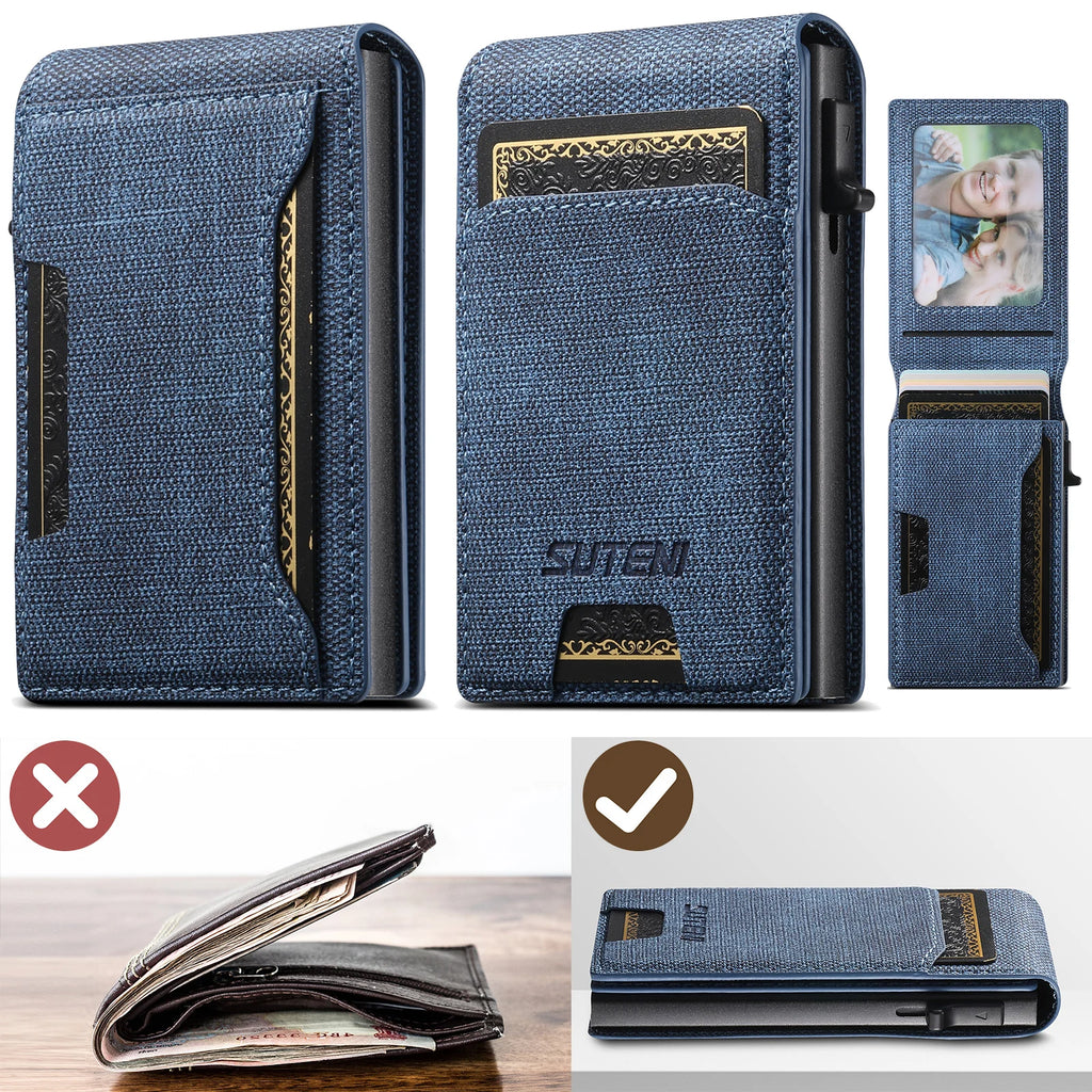 LOR MALE Push-out Card High Quality Faux Leather Card Holder Wallet Holder Large Capacity Can Hold 1-12 Cards 1 Photo Black/Brown/Blue